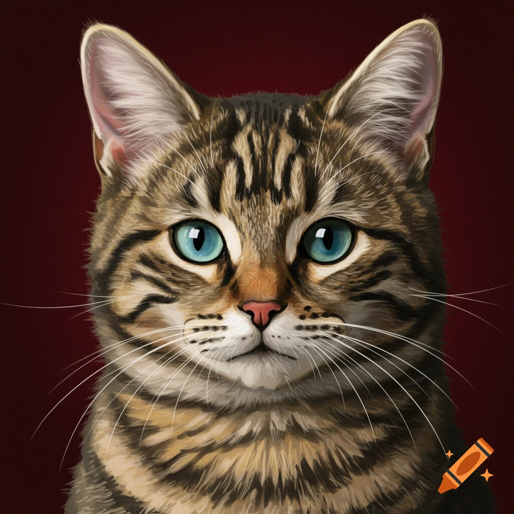 A close-up image of a tabby cat's face with bright blue eyes against a dark red background.