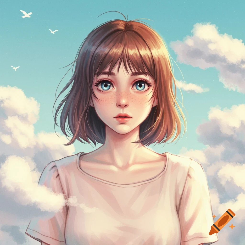 Anime portrait of a young woman with short brown hair and blue eyes, looking forward against a soft blue sky with clouds and birds in a Studio Ghibli style.