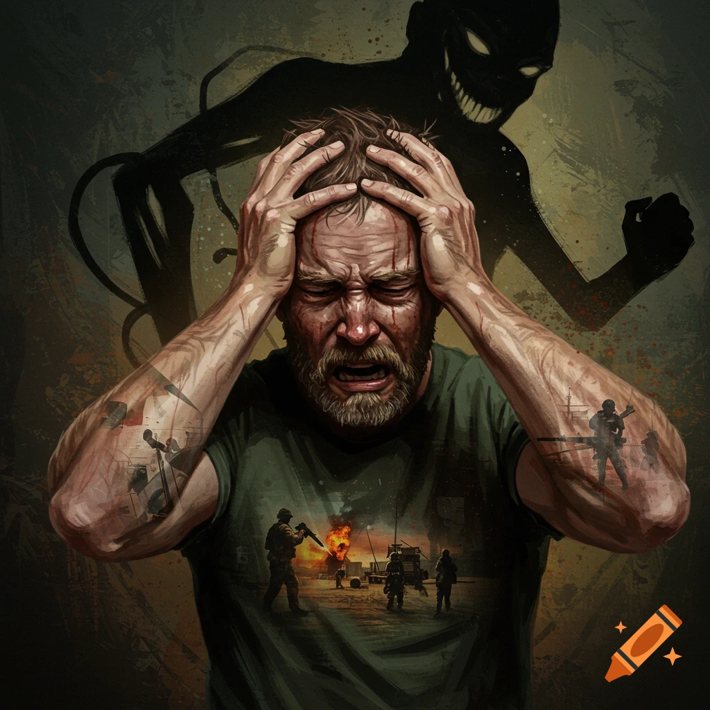 A man distressed, holding his head, with a dark shadow figure behind him and symbolic military imagery.