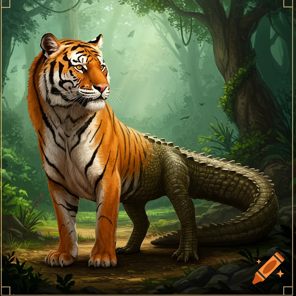 A mythical creature with the front of a tiger and the back of an alligator stands in a lush forest.