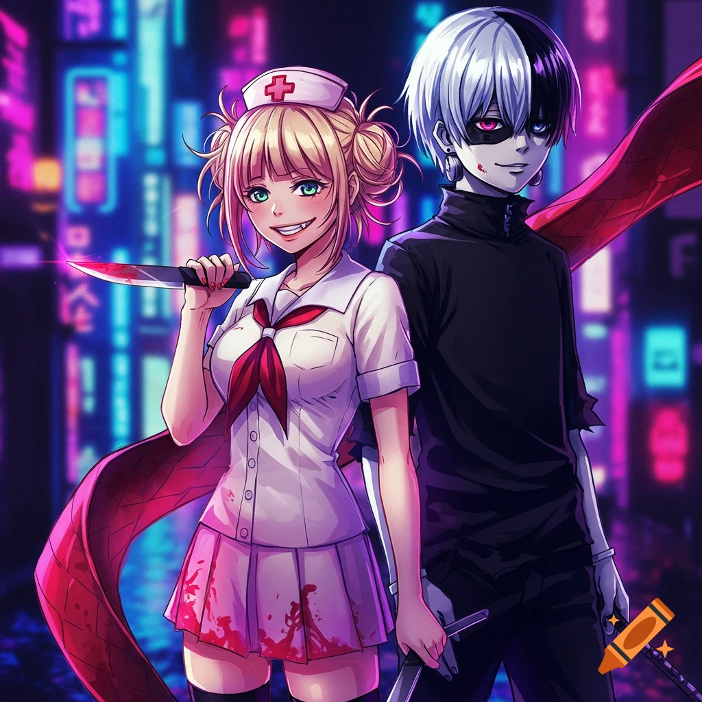 Anime art of a woman in a bloody uniform with a knife and a man with split hair in a neon city street.