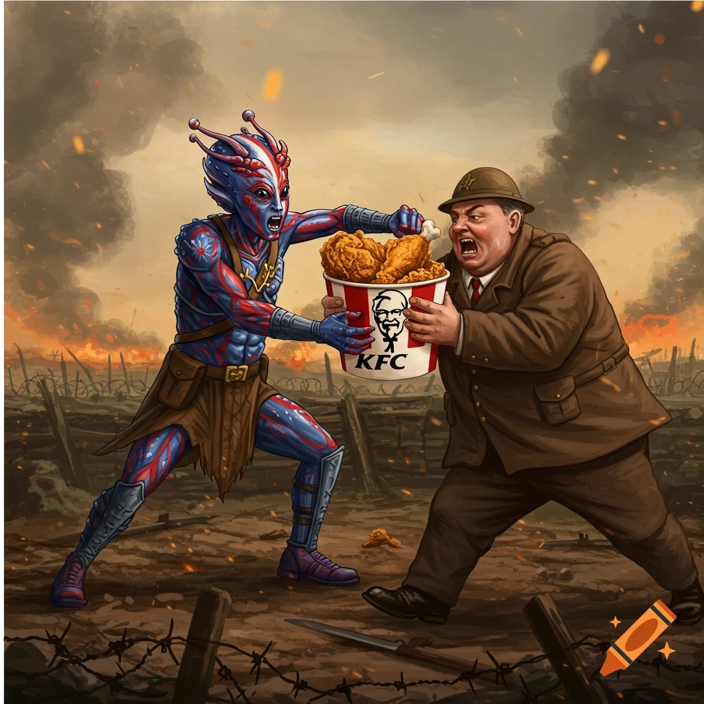 An alien and man fighting over a bucket of KFC on a WWI battlefield.