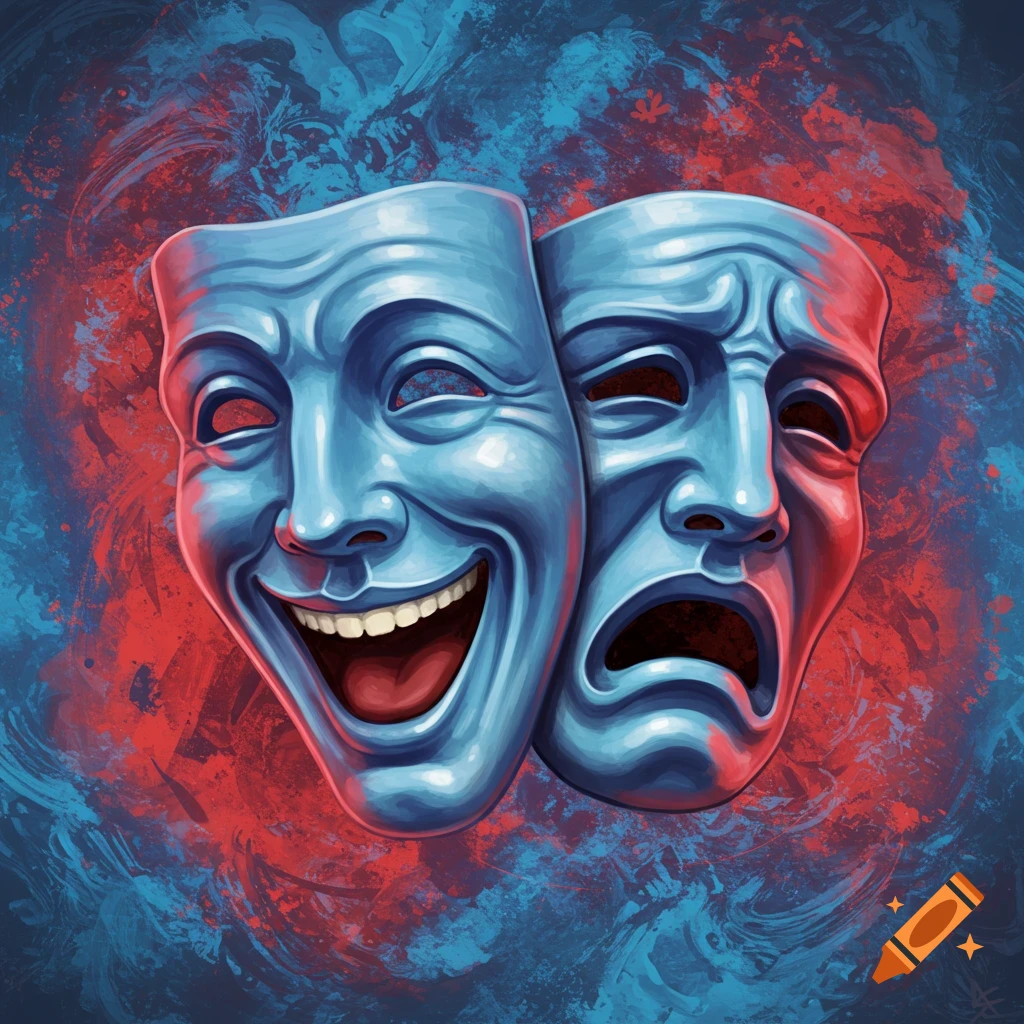 Melded blue comedy and tragedy theatre masks are set against an abstract red and blue background.