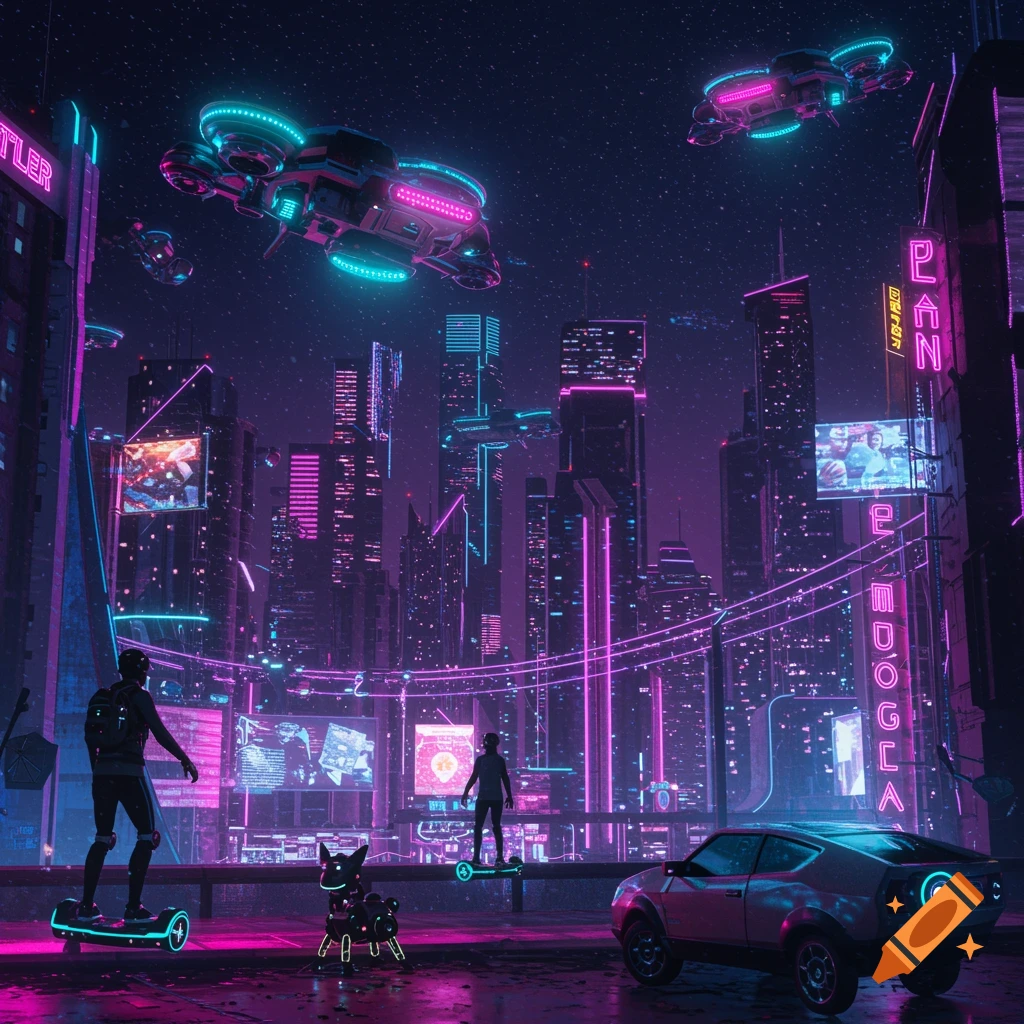 Futuristic city at night with neon lights, flying vehicles, and people on hoverboards.