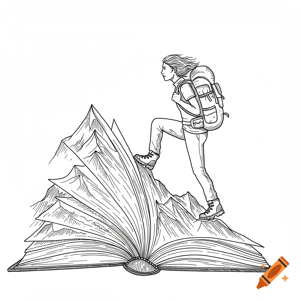 Line drawing of a hiker climbing a mountain made from an open book.