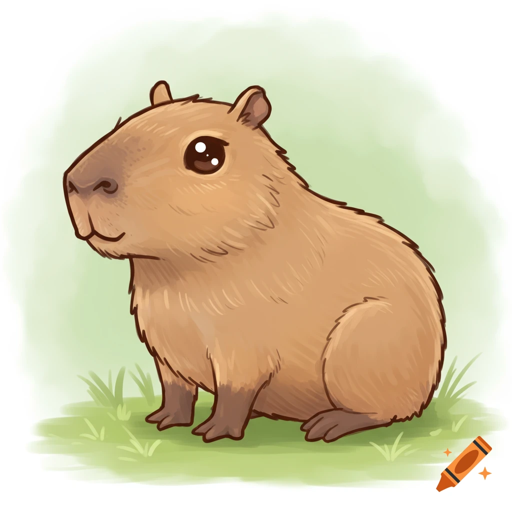 A cartoon illustration of a capybara sitting in grass.