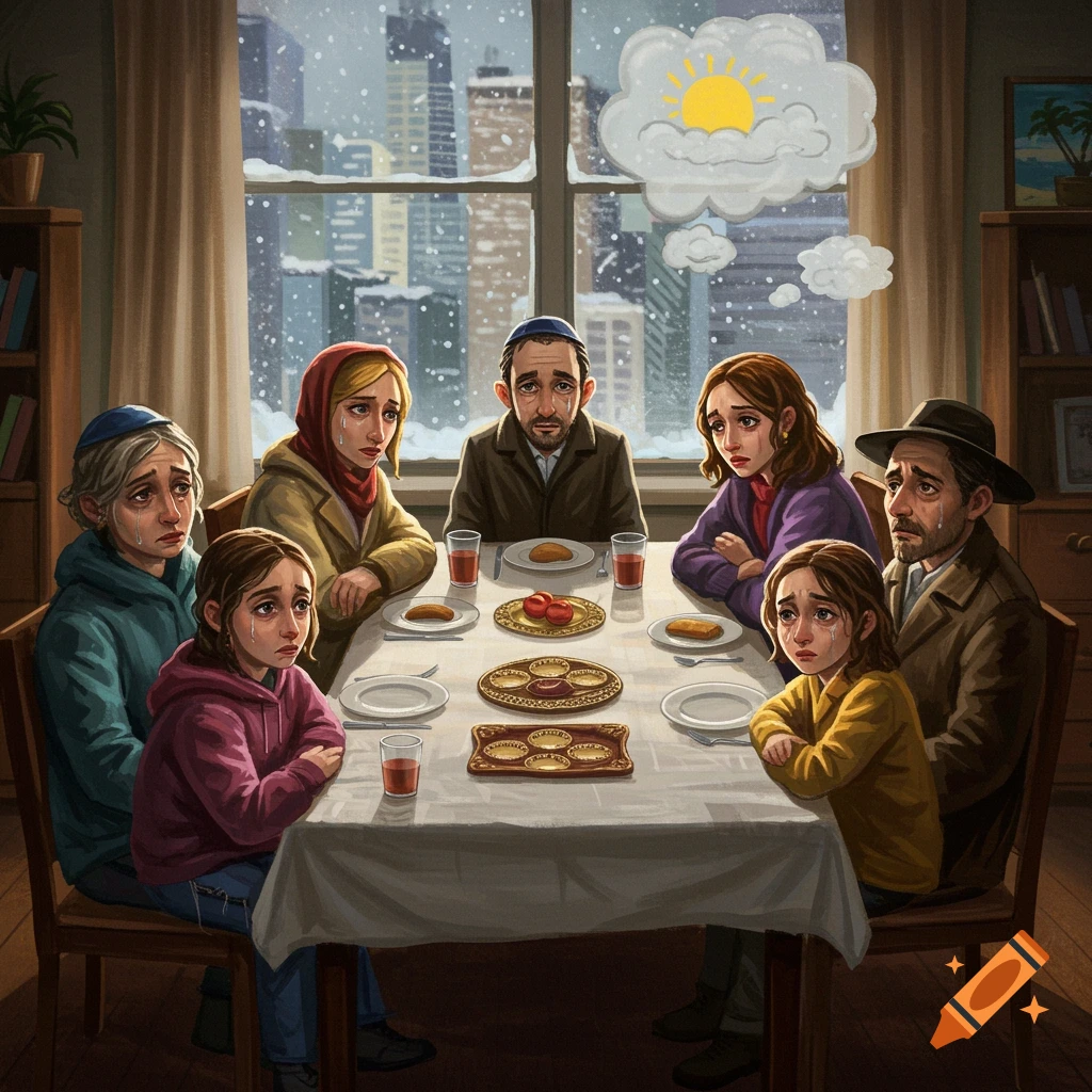A sad family sits at a Seder table in a snowy city, dreaming of a sunny day.