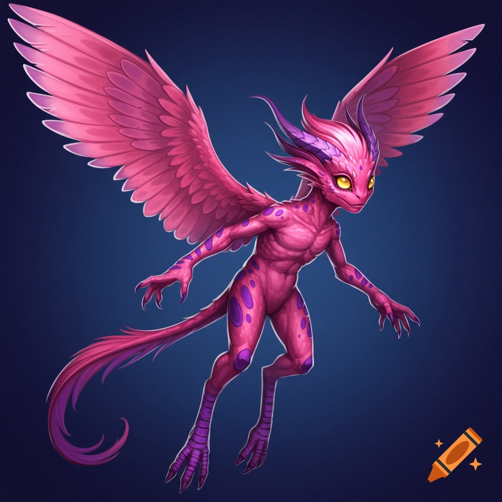 Pink and purple winged fantasy creature with yellow eyes, claws, and spots, against a dark background.