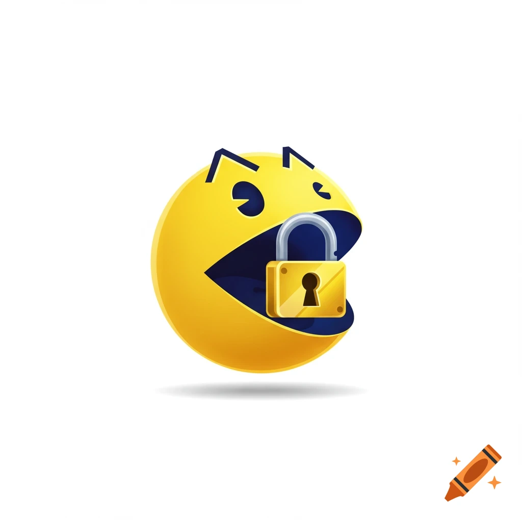 Pac-Man character holding a gold padlock in its mouth against a white background.