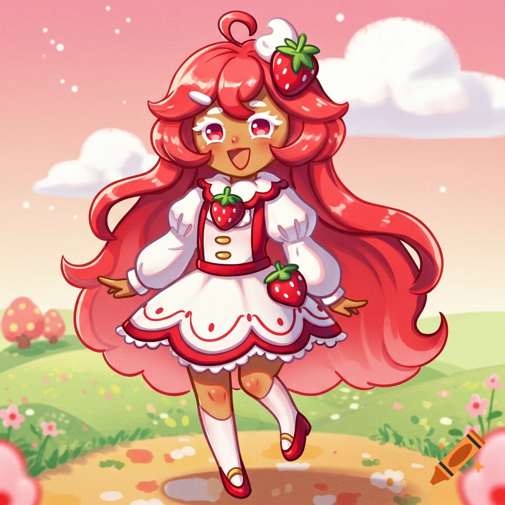 Cartoon girl character with pink hair in a strawberry dress stands in a field.