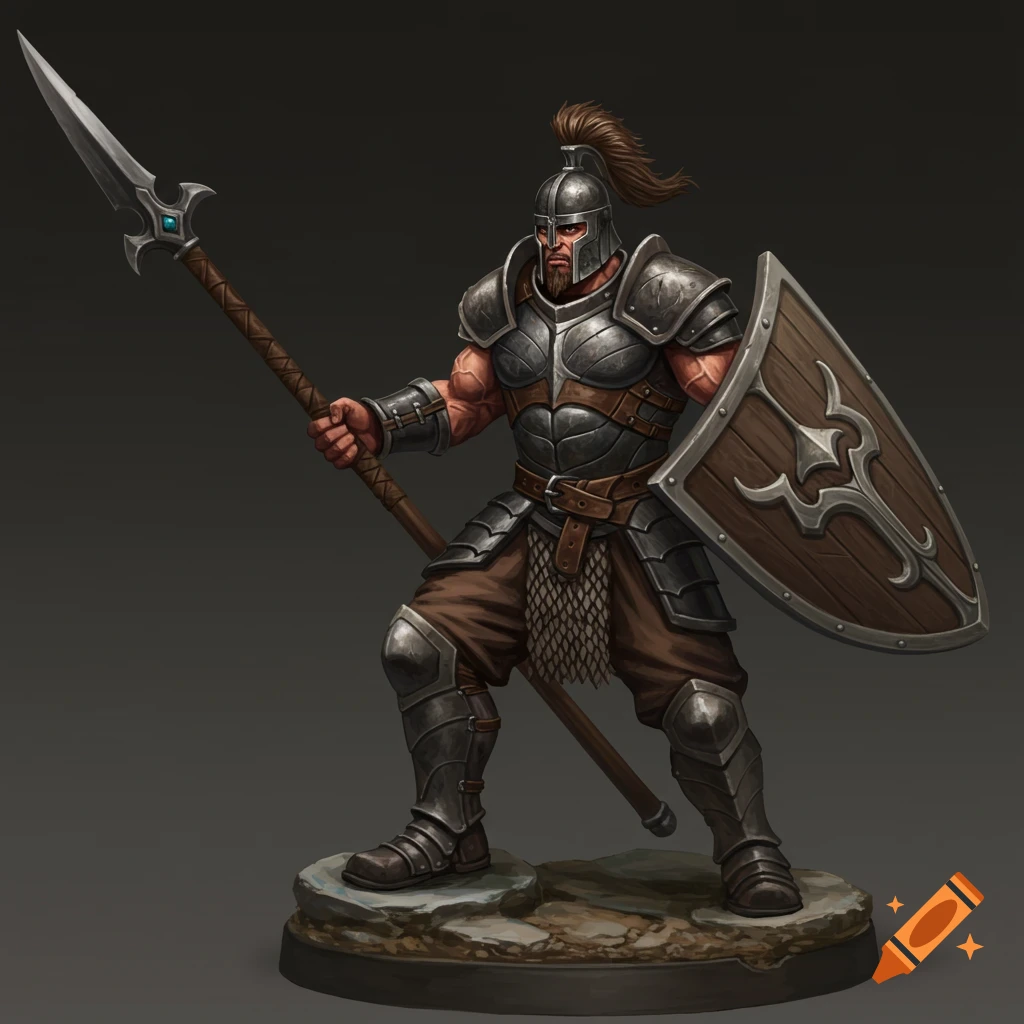 A fantasy warrior figure in armor, holding a spear and shield.