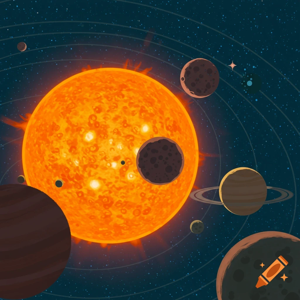 Stylized depiction of the sun and planets in the solar system