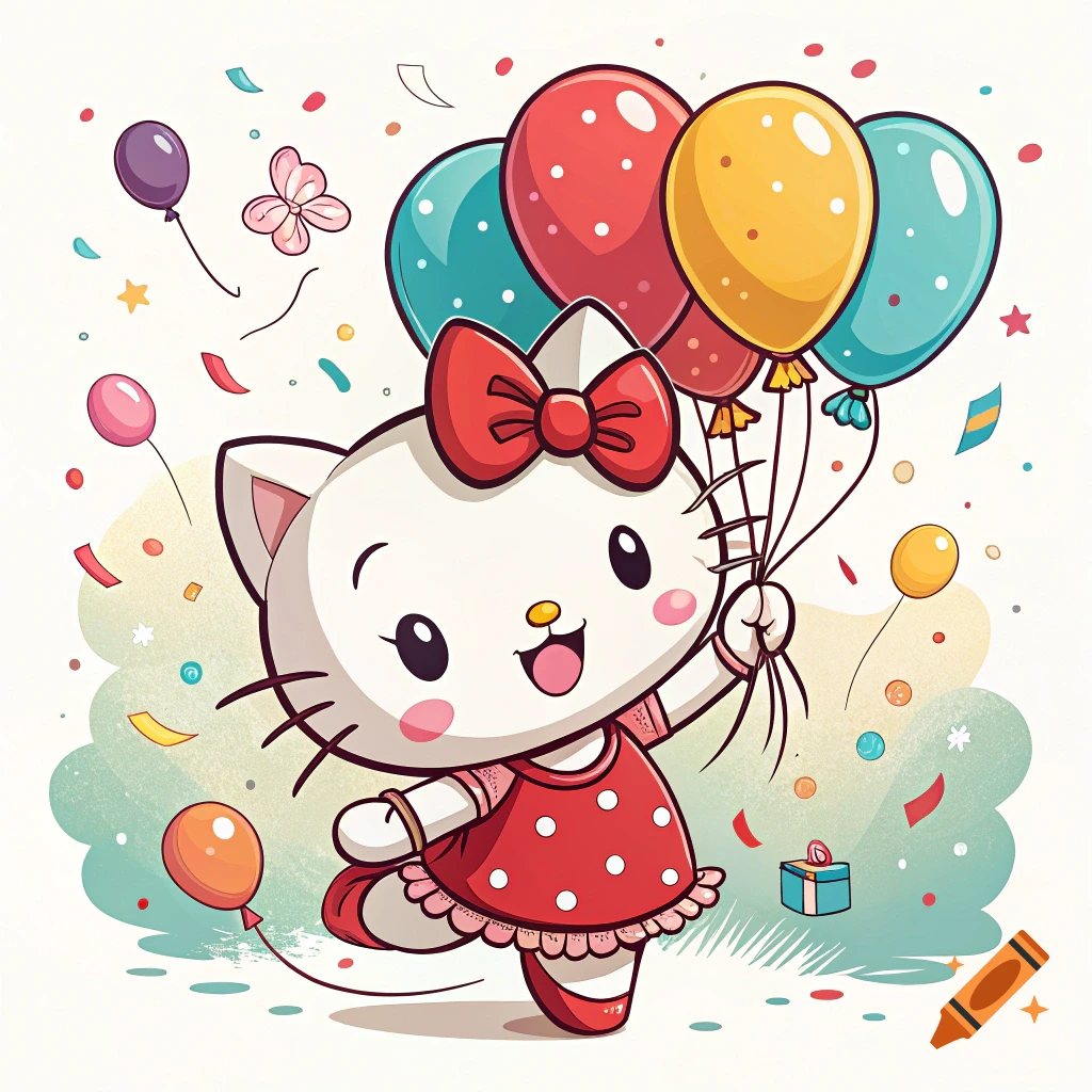 Excited cartoon cat holding balloons with confetti