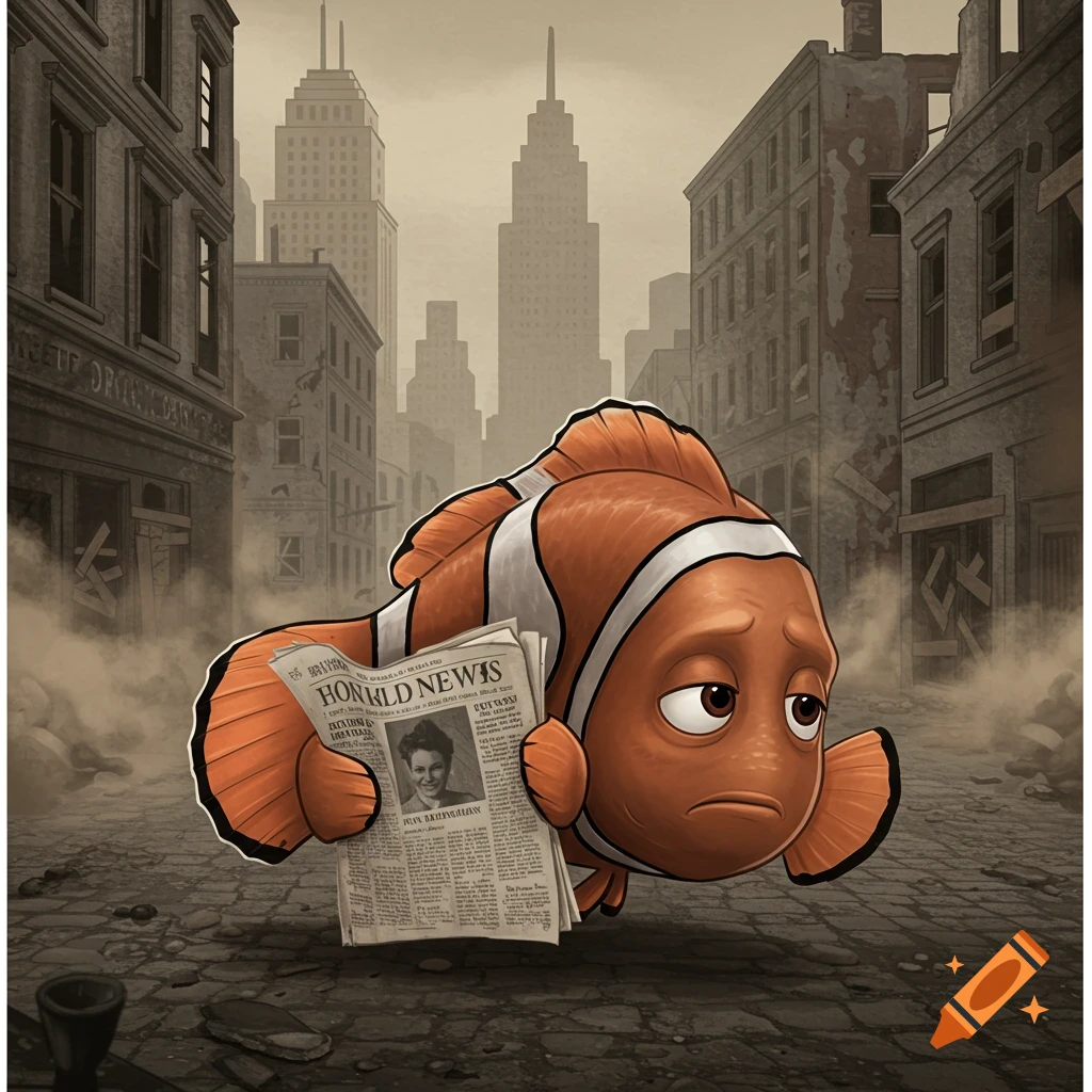 A sad cartoon fish character, Nemo, holds a newspaper in a ruined city street.
