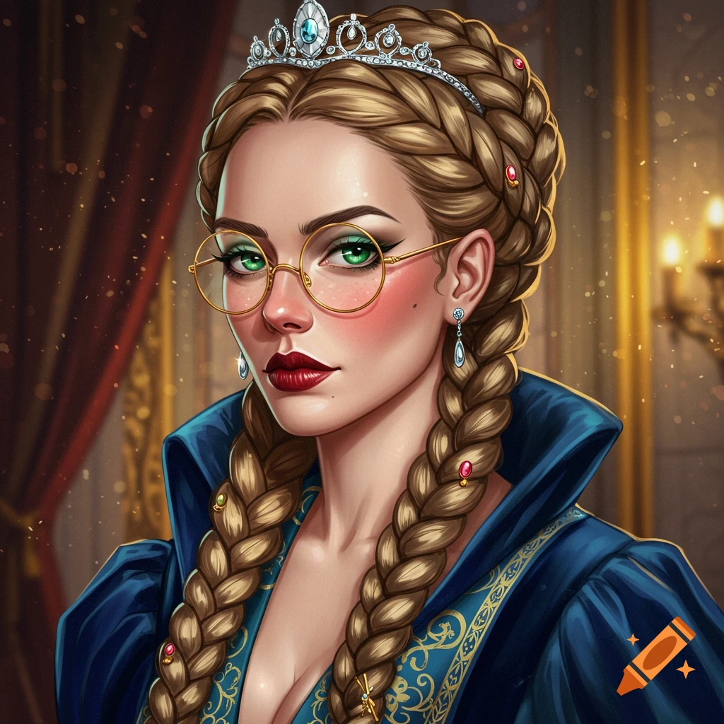 A queen with braided hair, green eyes, glasses, and a tiara.