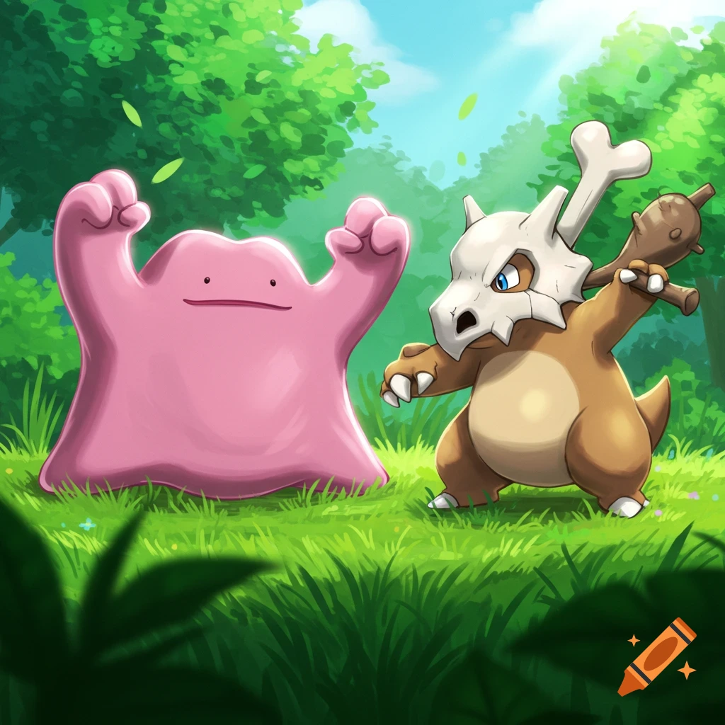 Ditto and Cubone face off in a forest clearing, digital art