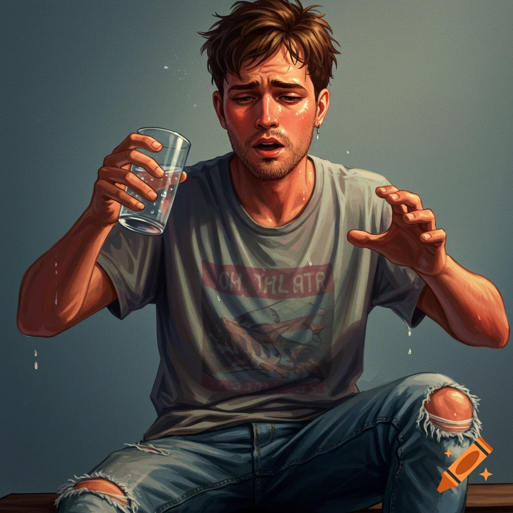 A thirsty man holding a glass of water.