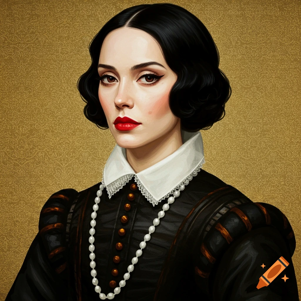 Painting of a woman in historical dress, white collar, pearl necklace, and black hair, against a gold patterned background.