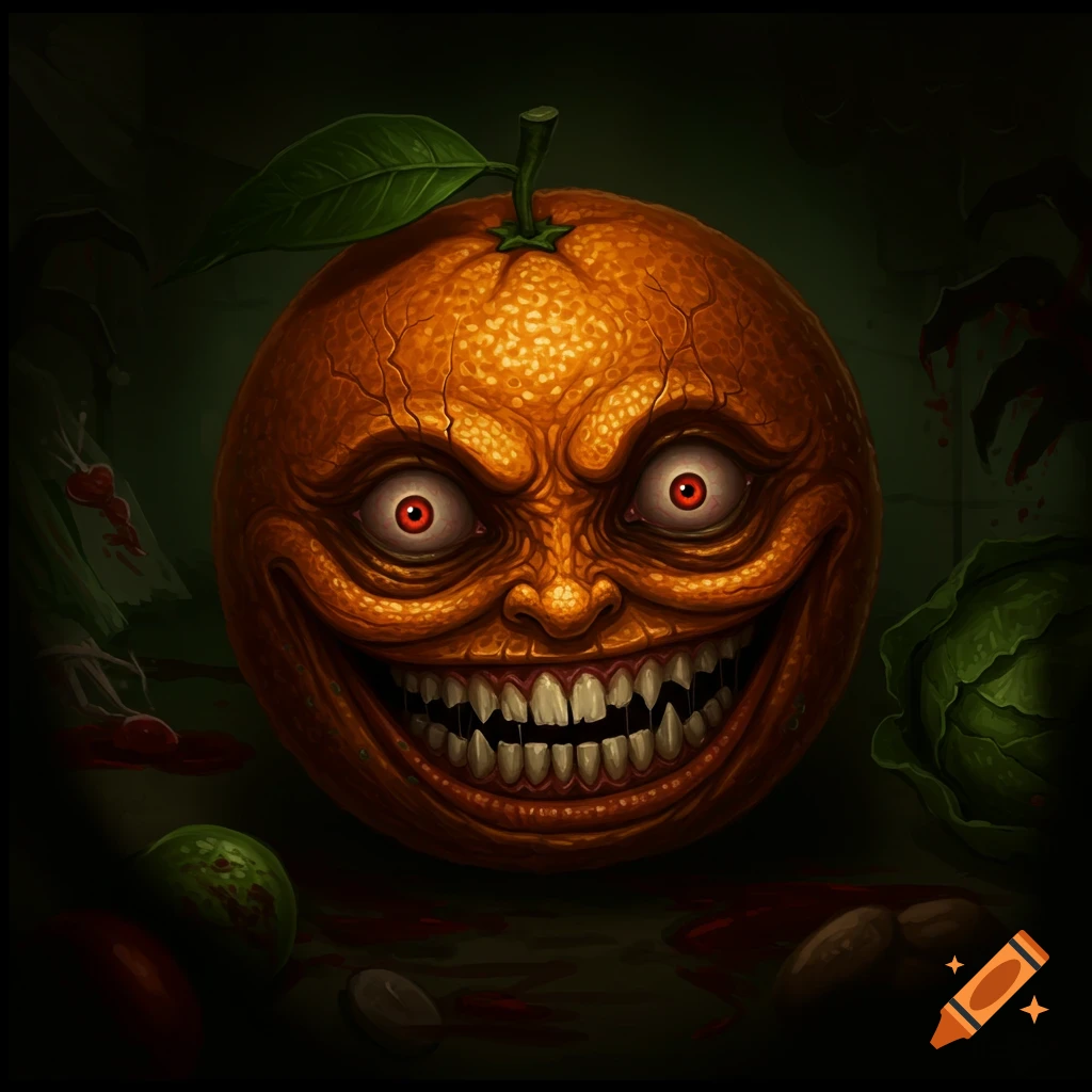 A creepy, anthropomorphic orange with sharp teeth and red eyes, surrounded by vegetables and blood spatters.