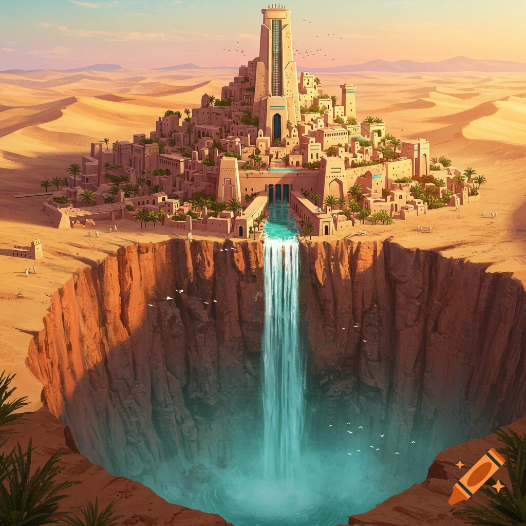 A desert city built on a mesa, overlooking a waterfall plunging into a deep canyon.