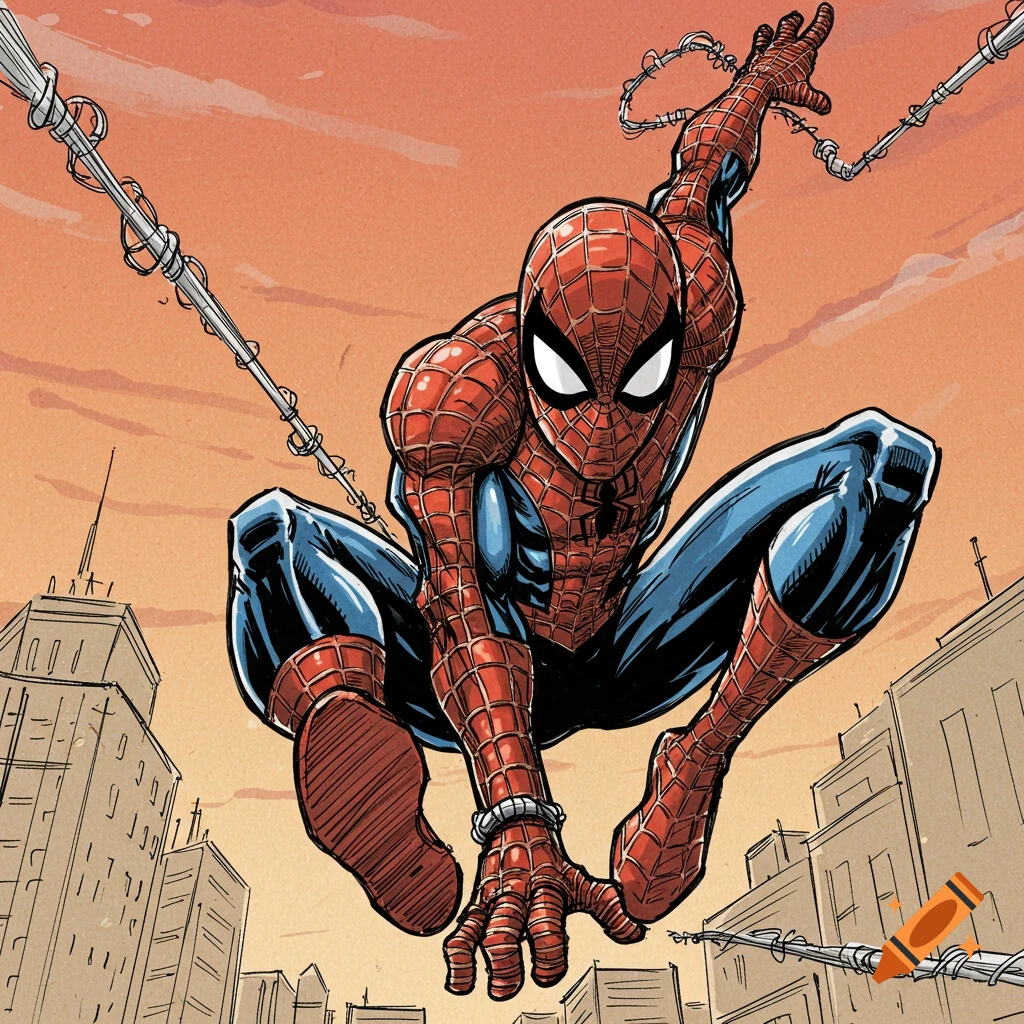 Spider-Man swings on a web through a city in a comic book illustration style.