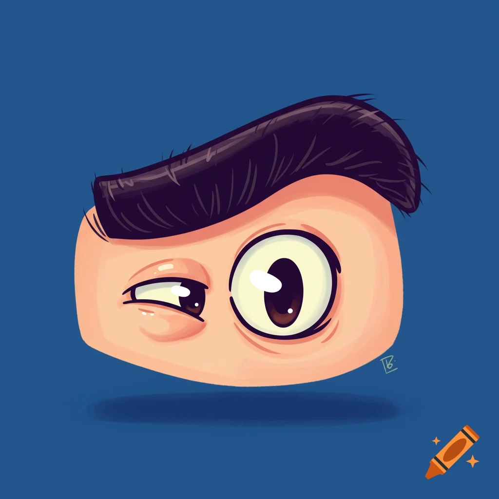 Cartoon illustration of a large open eye and a winking eye with a styled eyebrow floating on a blue background.