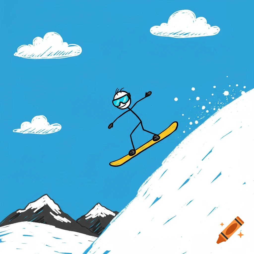 A simple cartoon stick figure snowboarder jumps down a snowy mountain slope under a blue sky with clouds.