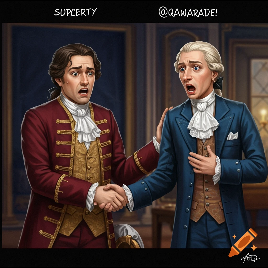 Two men in historical 18th-century attire attempt an awkward handshake, both looking surprised or scared.