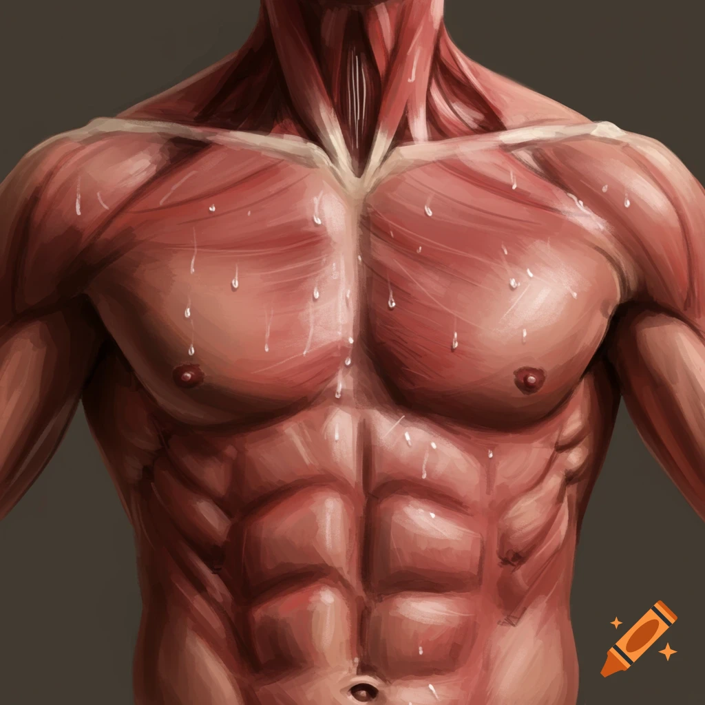 A close-up shot of a muscular male chest with sweat drops