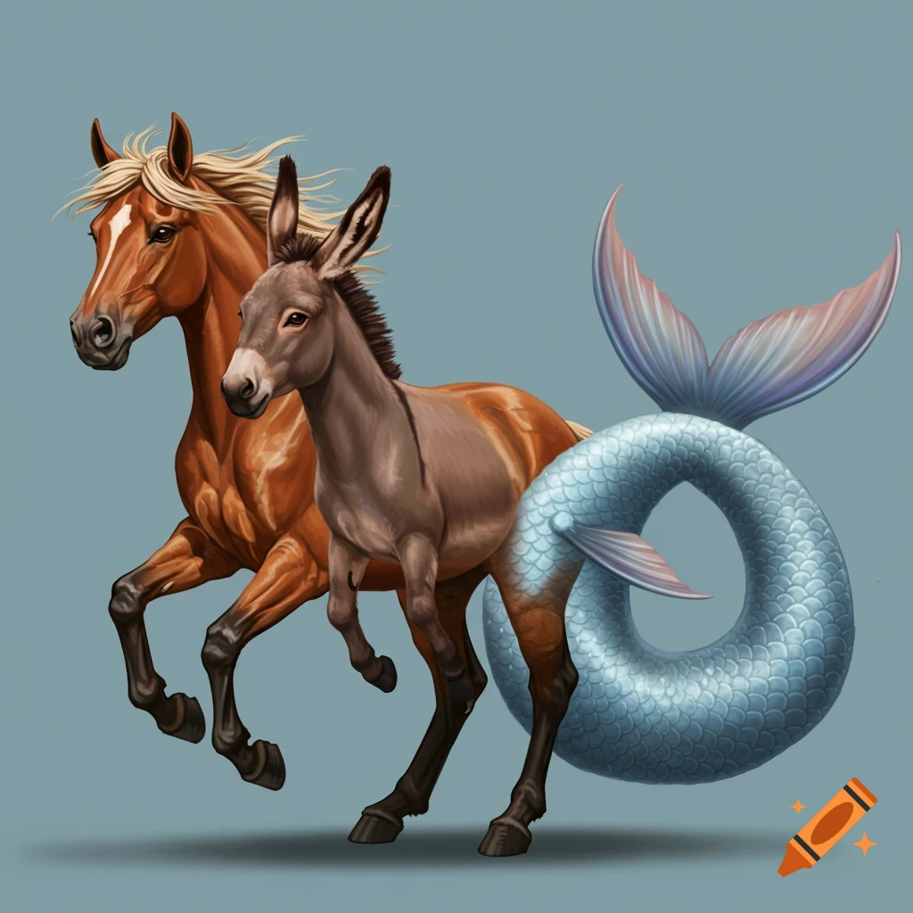 Image of a hybrid creature that is half horse, half donkey, and has a fish tail.