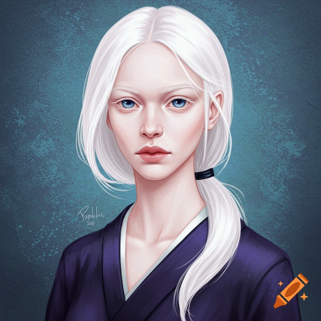 A woman with white hair, pale skin, and blue eyes, wearing a dark purple robe.