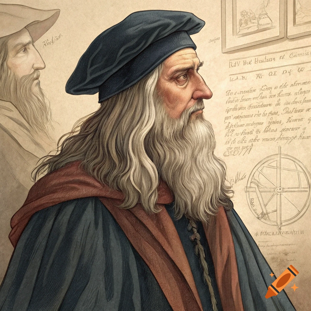 Portrait of Leonardo da Vinci with background sketches and illegible text, in a historical drawing style.