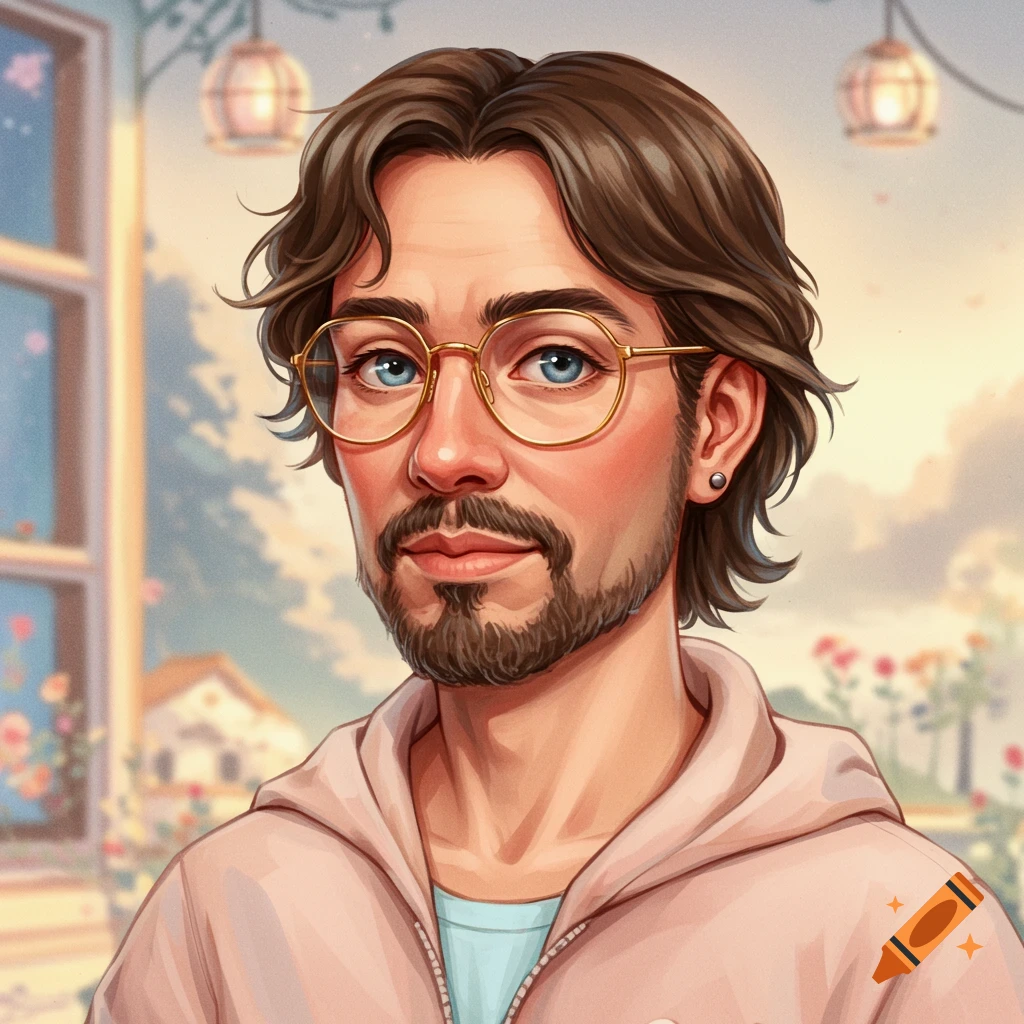 Digital art portrait of a man with glasses and beard in a light hoodie against a pastel background.