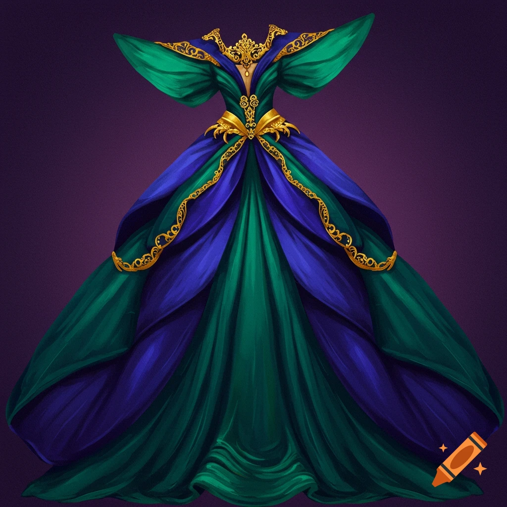 An extravagant green and purple dress with ornate gold trim.