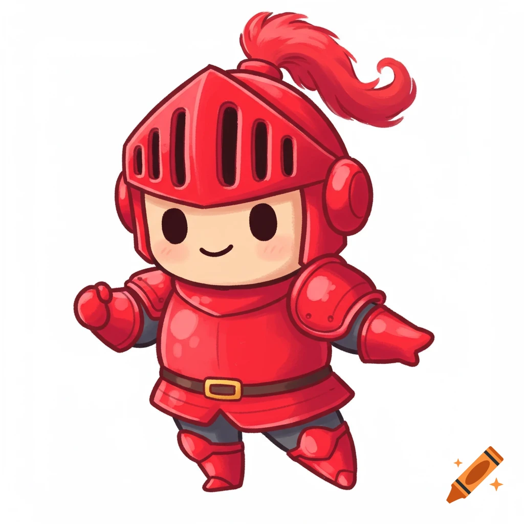 A cute cartoon knight wearing red armor stands on a white background.