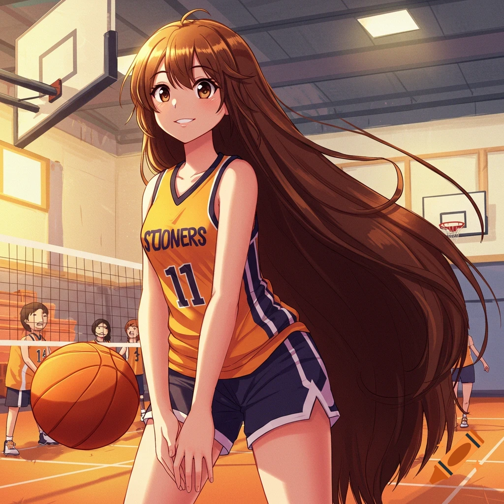 Anime girl in a basketball jersey holding a basketball in a gym.