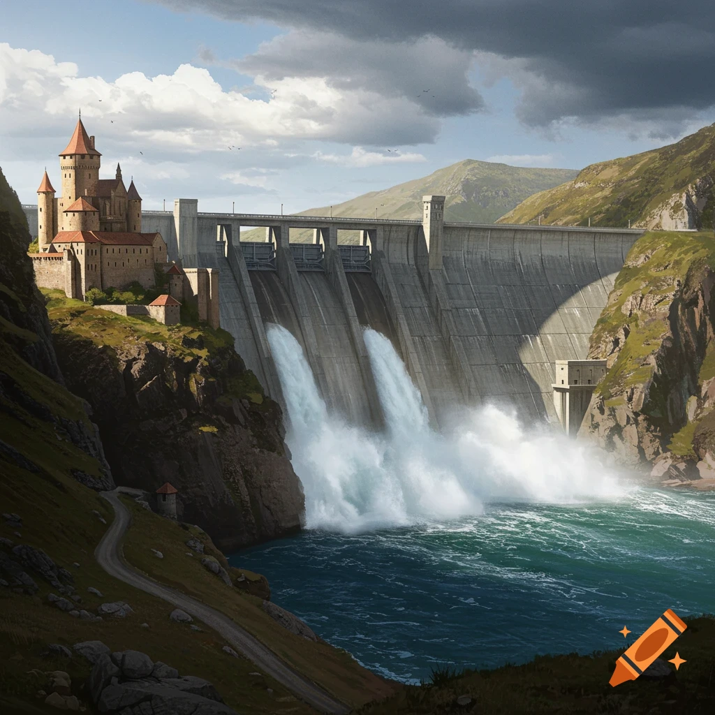 A castle stands on a hill next to a concrete dam with water flowing into a river.