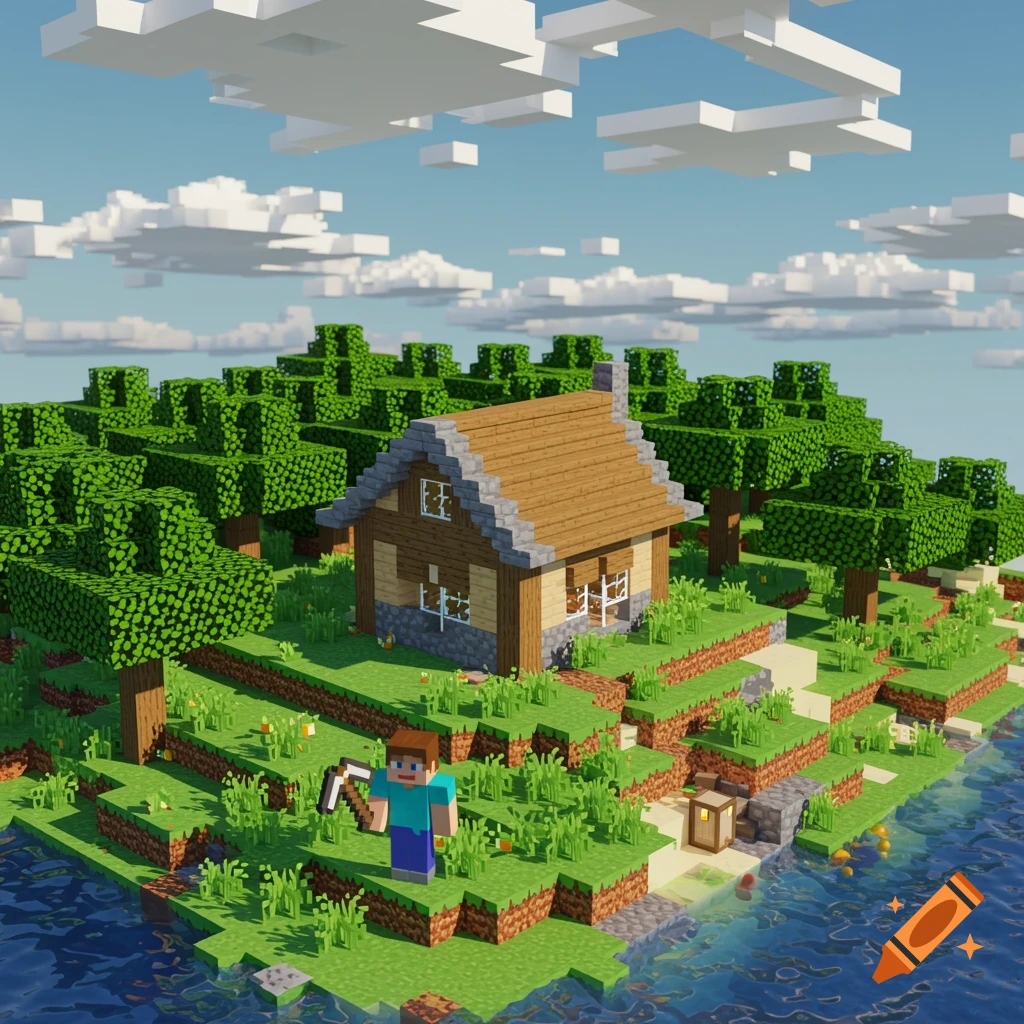 3D render of a Minecraft landscape with a block house, trees, water, and a pixelated character.