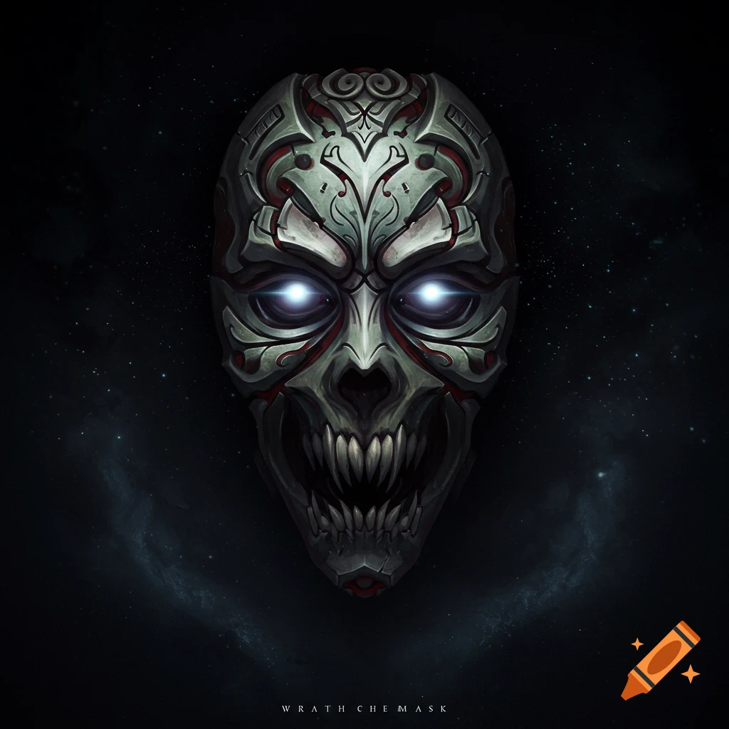 A scary mask with glowing eyes and sharp teeth against a dark, starry background.