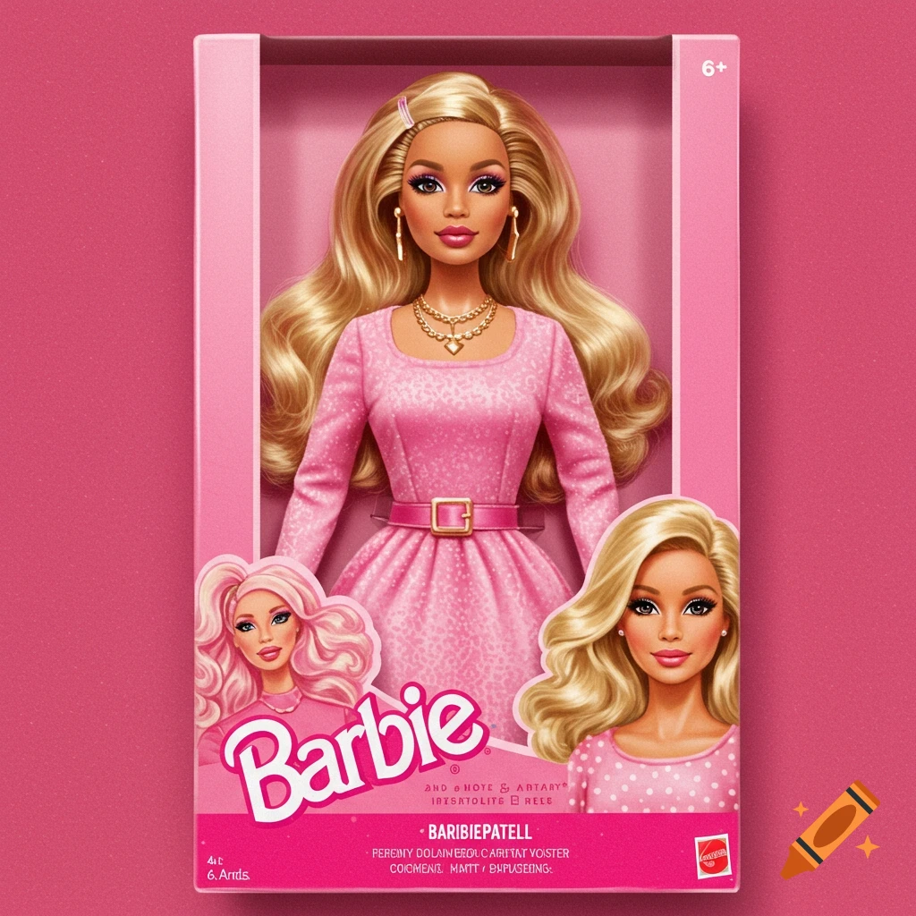A Barbie doll with blonde hair wearing a pink dress, in a pink box.