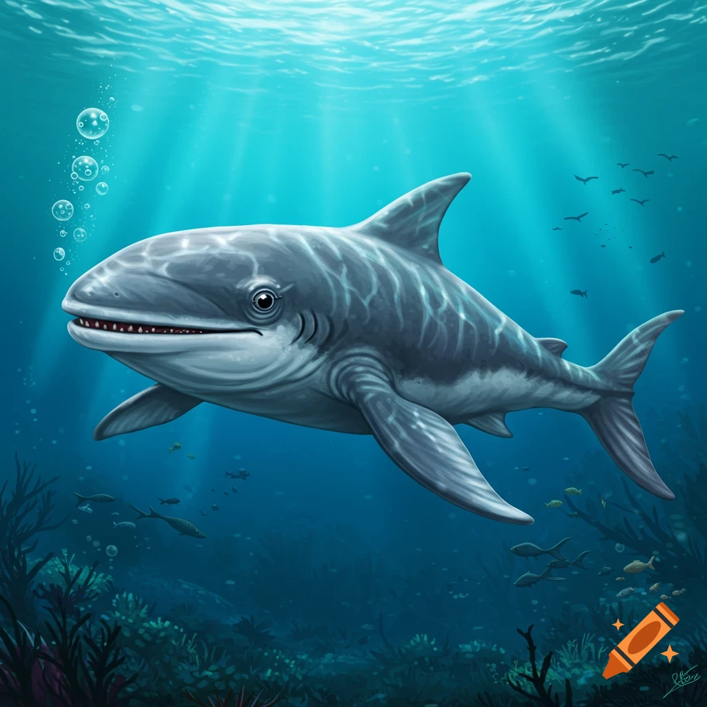 Illustration of a made-up sea creature swimming underwater with sun rays
