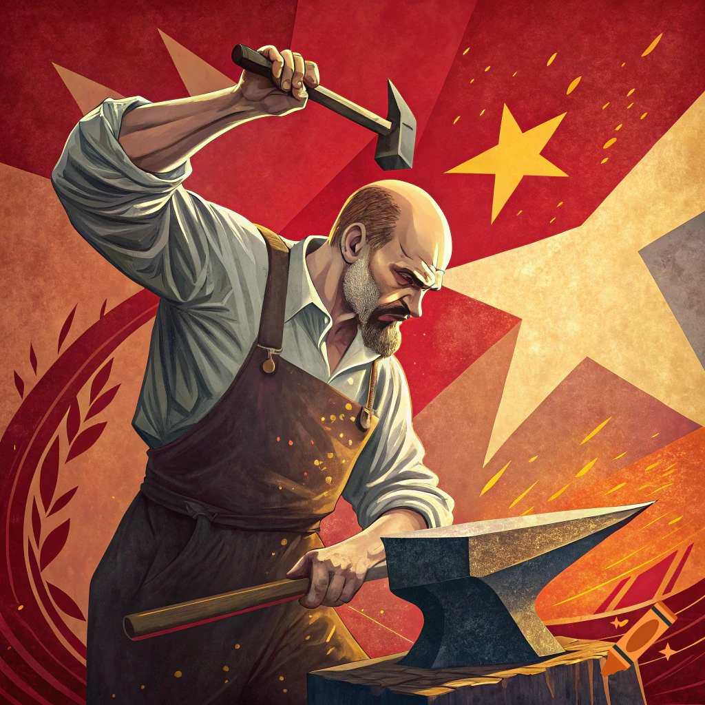 Man hammering on an anvil in a stylized propaganda illustration.