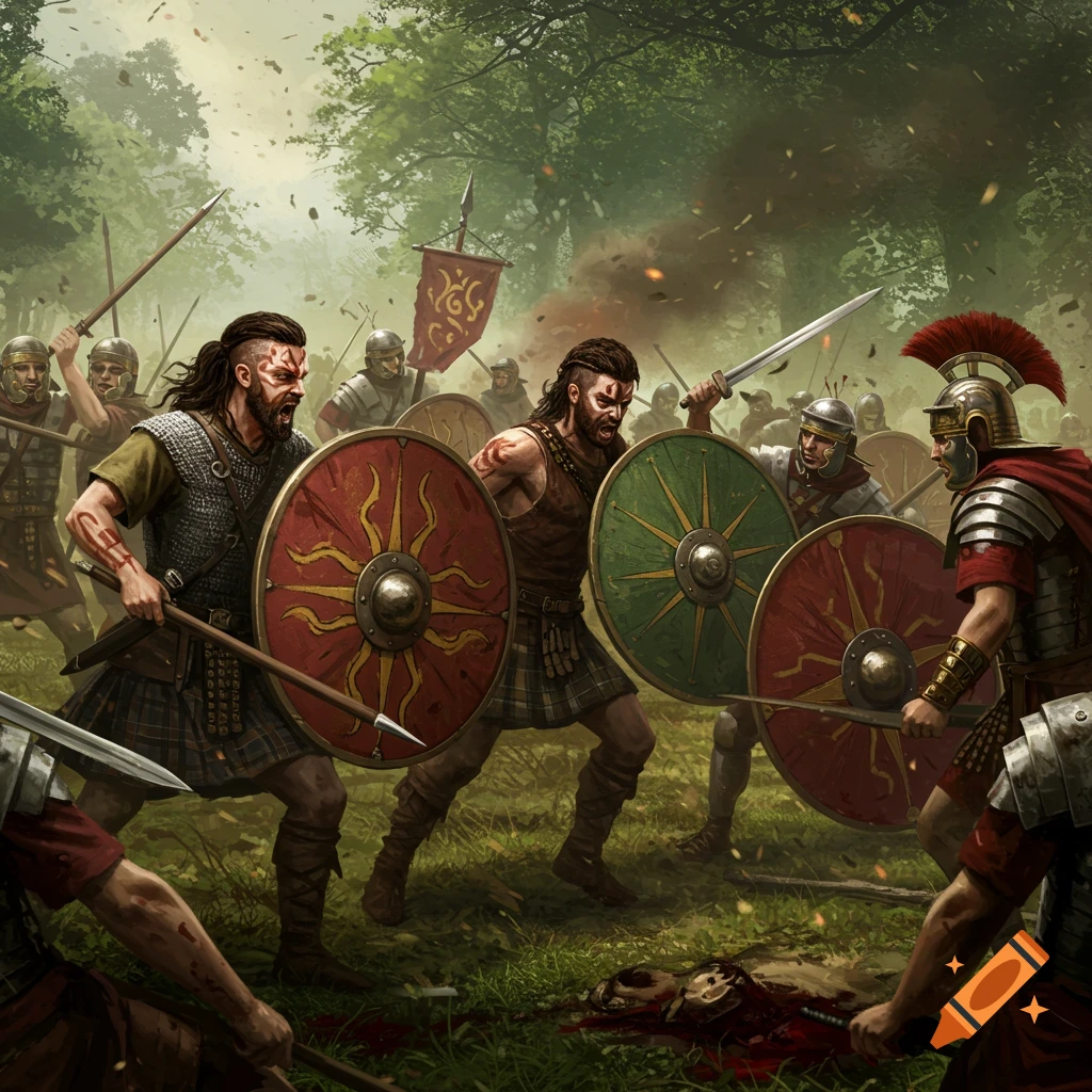 Celtic warriors fighting Roman soldiers in a forest battle.