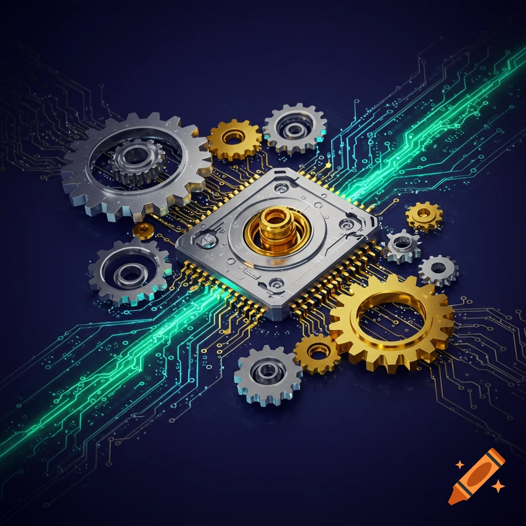 A CPU surrounded by gears on a circuit board with a glowing green line.