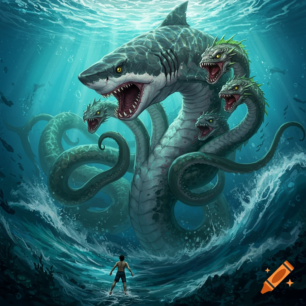 A colossal shark-hydra creature emerges from stormy seas, with a human watching from the foreground.