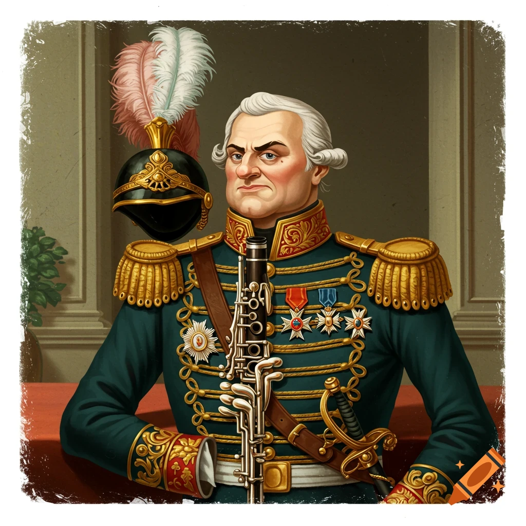 A portrait of a stern military general figure holding a clarinet.