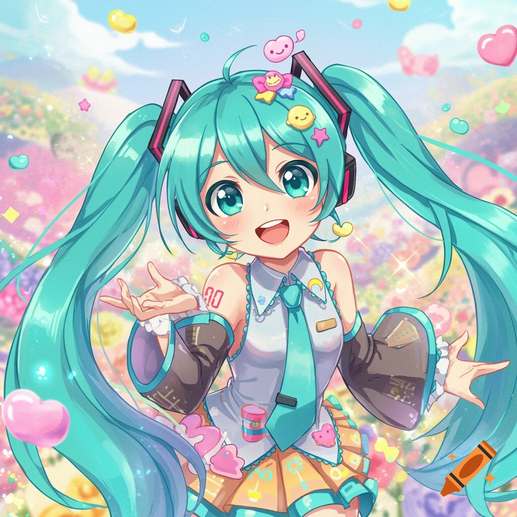Cute anime girl with teal pigtails in a pastel outfit smiling in a colorful, dreamy background.
