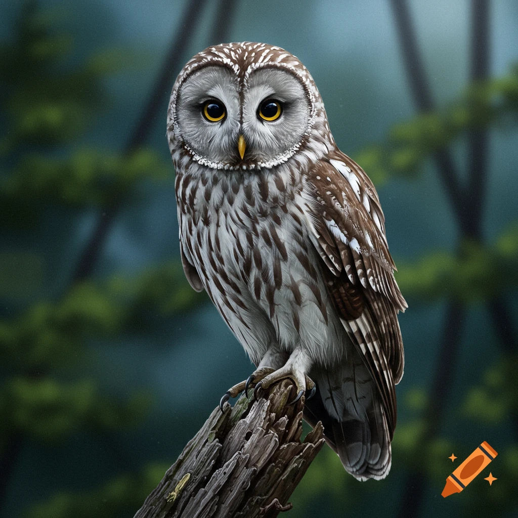A realistic owl perched on a log in a forest.