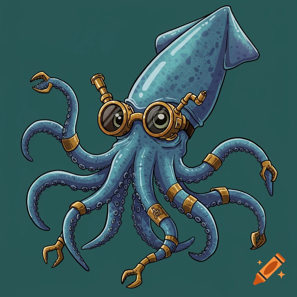 Cartoon illustration of a blue squid wearing steampunk goggles and mechanical claws.