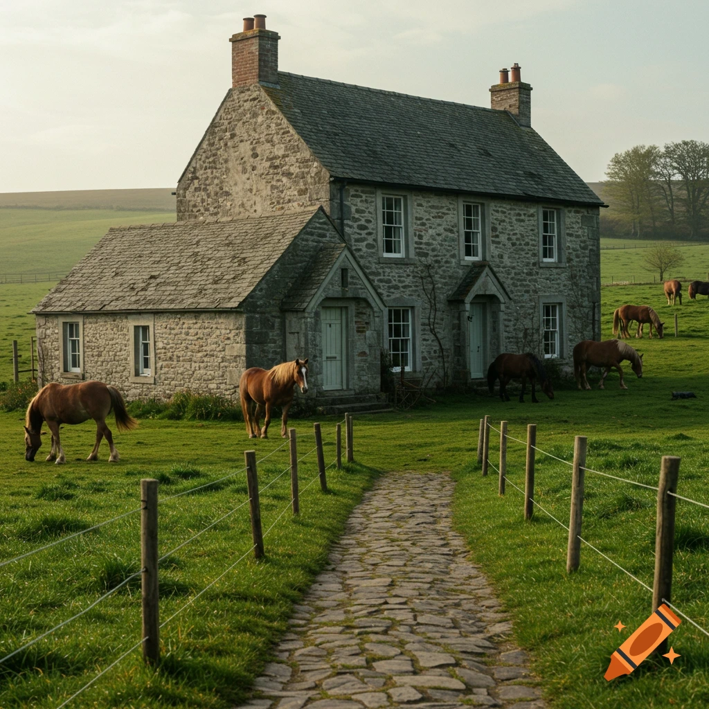 A stone farmhouse sits in a field with horses grazing. A cobblestone path leads to the house.